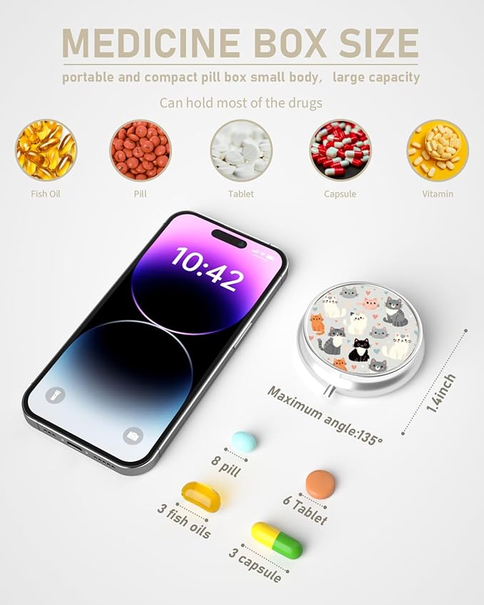 Pill Box, 3 Compartment Portable Travel Medicine Box with Mirror, Compact and Cute, Fits in Purse and Pocket, Medicine and Vitamin Organizer (Cat Family)