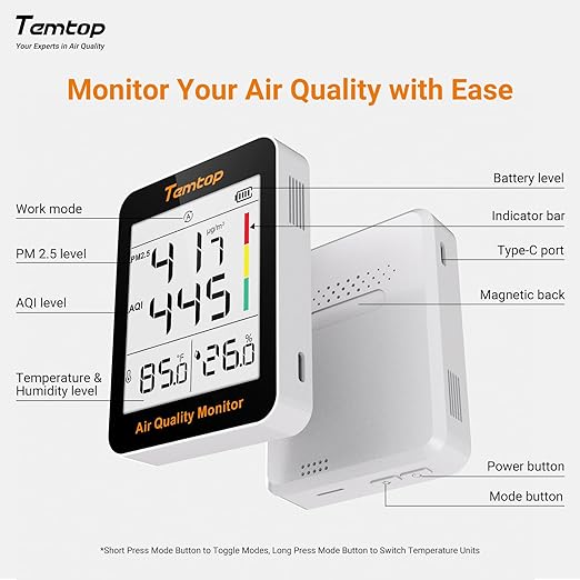 Temtop Air Quality Monitor Indoor Thermo-Hygrometer - PM2.5, AQI, Temperature, and Humidity Meter for Home, Office, or School, Air Quality Measurement, 60-Day Battery Life, S1 UP, 30-Pack