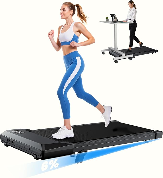 DeerRun Walking Pad Treadmill with 6% Manual Incline, Under Desk Treadmill for Home Office & Small Spaces, 0.6–3.8 MPH, 2.5 HP, 300 lb Capacity, App & Remote Control