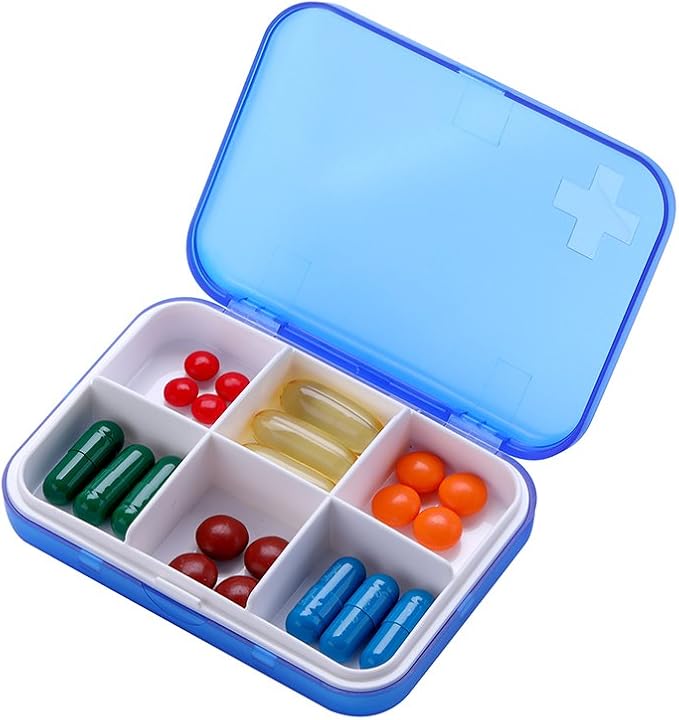 Portable Pill Organizer - Slim Pill Box for Purse or Travel, Compact Pill Case(4+6 Compartment,Blue)