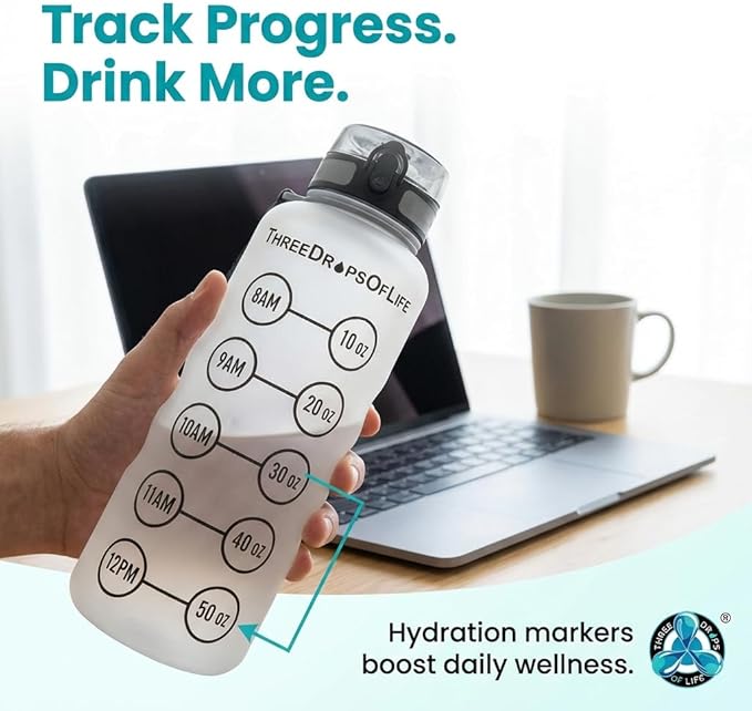 Three Drops of Life 50oz Hydration Tracker Sport Water Bottle – Frosted Clear Tritan With Time Marker, Leak-Resistant, Easy Flow Spout, Comfortable Strap For Daily Hydration