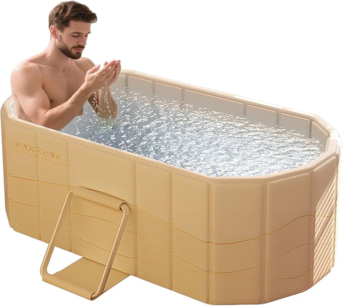 Gets 59" XXL Oval Ice Bath Tub For Athletes,Portable Bathtub for Adults Foldable Soaking Standing Hot Bath Tub for Shower Stall,Separate Family Bathroom SPA (Golden,59"×22"×19")