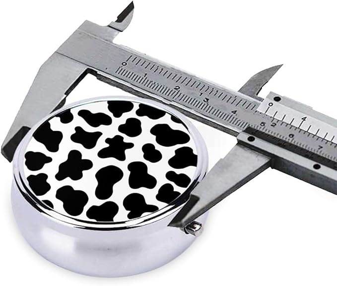 Animal Cow Print White Black Spot Print Round Metal Pill Box with 3 Compartment for Pocket or Purse Travel Bag Mini Small Size 2 inche
