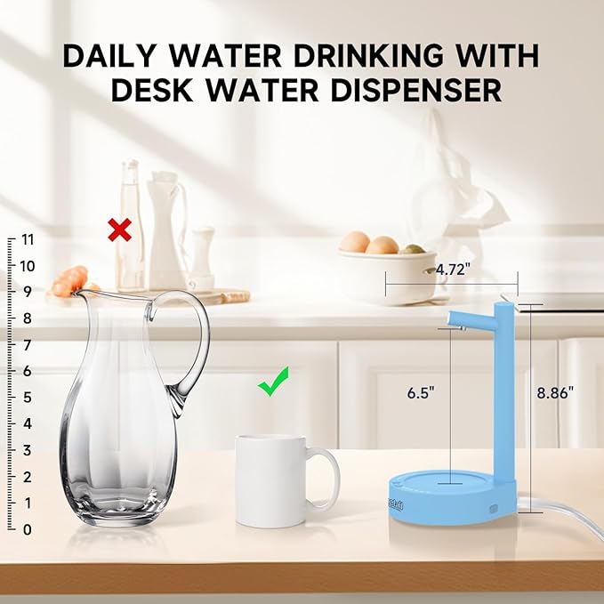 Water Dispenser for 5 Gallon Bottle – Desktop Electric Water Pump with USB-C Fast Charging, Portable 5 Gallon Water Jug Dispenser for Home, Office, Bedside & Countertop (Sky Blue)