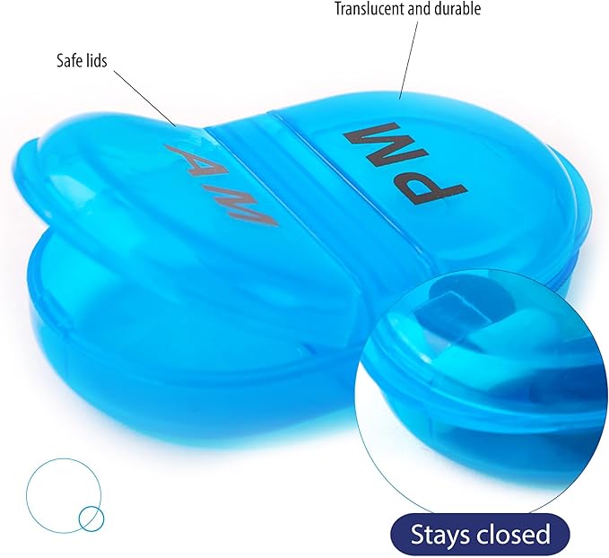 Deke Home - Pill Organizer AM PM, 2 Compartment Pill Box for Pocket or Purse, Small Daily Medicine Case, Travel Pill Holder, Easy Open Pill Container for Seniors, Vitamins & Supplements (Blue)
