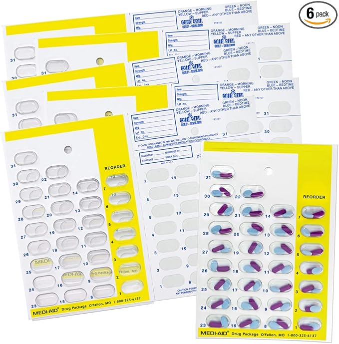 Color Coded Monthly 31 Day Medication Blister Cards Cold Seal - Use Colors for Daily, AM/PM, 3X, 4X, 5X a Day Pill Organizer (6 Pack Yellow)