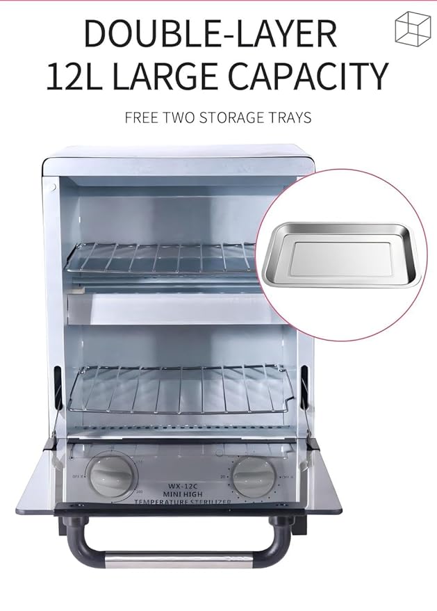 Sterilizer for Nail Tools, 12L Multifunctional High Temperature Cleaning Dry Box Stainless Steel with Temp Control, Tweezer Sterilizer, Stainless Trays, Timer, Nail Salon Equipment