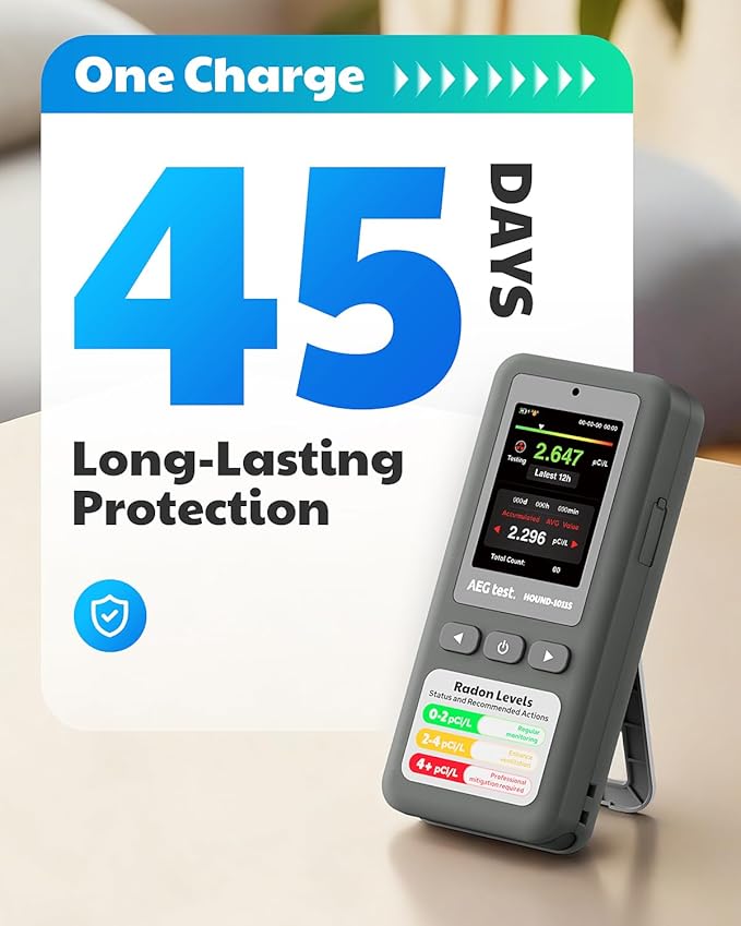 HOUND-1011S Portable Radon Detector, High-Accuracy Sensor for Home, Lightweight, Audible & Visual Alarms, Long-Term Monitoring, Easy-to-Use Radon Tester in pCi/L or Bq/m³ for Basement
