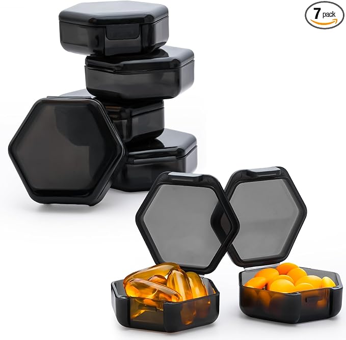 Small Pill Box, 7 Packs Travel Pill Case, Portable BPA Free Mini Organizer for Pocket Purse, Daily Medicine Vitamin Container, Fish Oil and Supplement Storage