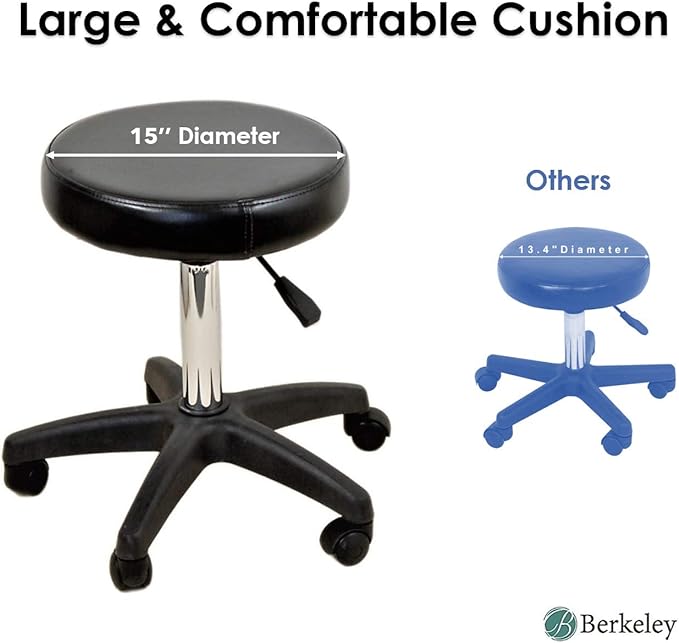 Terrell Office Stool (Black) with Adjustable Height 19" to 25" and Castors, Ideal for Office, Clinic, Tattoo Studio, Ultra Thick Cushion with Diameter 15”, Sturdy & Comfortable