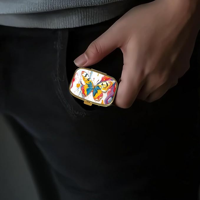 Small Pill Box Pill Case with Mirror Retro Pocket 2 Compartment Pill Holder for Purse or Pocket Bronze Portable Medicine Vitamin Container Fish Oil and Supplement Storage BPA-Free(Marble Butterfly)