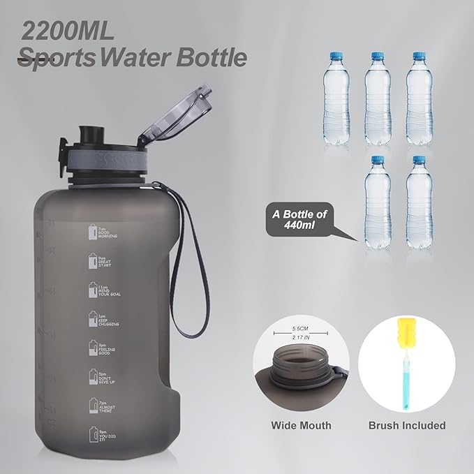 GEMFUL 74oz Water Bottle with Handle Half Gallon BPA-Free Sports Jug for Gym Hiking Travel 2.2L Large Capacity Leak Proof Easy Carry (Grey no Straw)