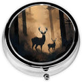 Pill Box, Small Pill Organizer with 3 Compartments and Mirror, Cute Round Portable Travel Metal Pill Case for Pocket or Purse, Privacy-Protecting Medicine Box-Jungle Forest Deer