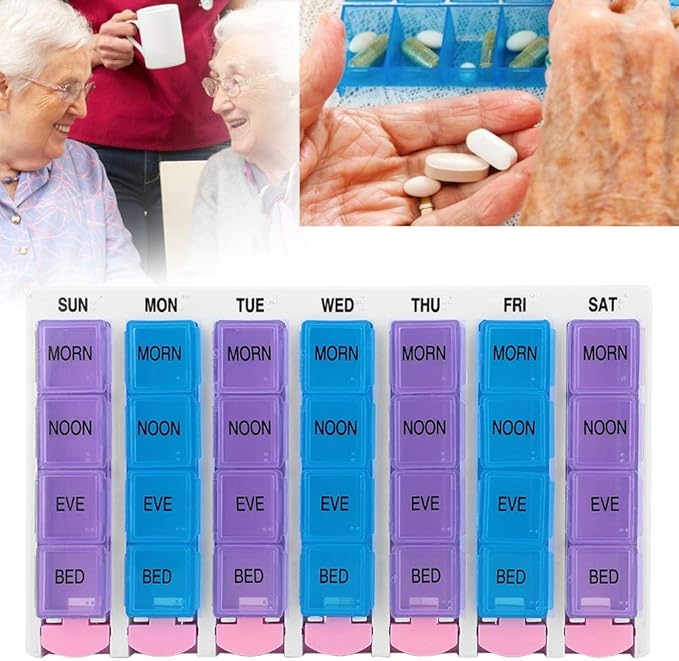 7 Days, Organiser, 7 Days 4 Times a Day 28 Compartments Organizer with Push Button (Blue)