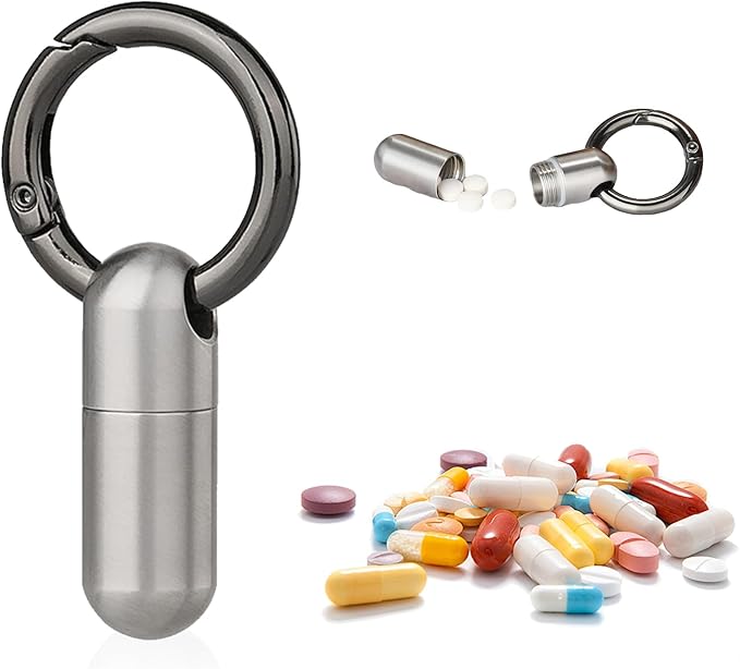 Keychain Pill Holder Mini - Titanium,Pill Case Travel Waterproof, Portable Tiny Pill Organizer for Camping and Hiking Outdoor Pill Box (Silver)