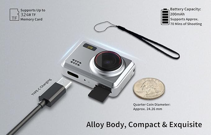Retro Mini Digital Camera 1080P HD Video Recorder，Portable Keychain Video Camera with 32GB Card,and 0.96”IPS Screen,Ultra-Portable Tiny Camera for Travel Photography/Vlog/Night Shots (Gunmetal)