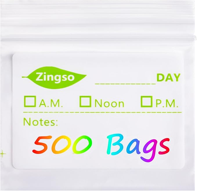 Pill Packs Bag Organizer Pouches, 500 Pcs Travel Pill Pouch Bags Zippered Pouch Set Reusable Baggies Vitamin Travel Organizer Pill Pouches for Medicine with Write-on Label