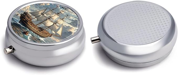 Nautical Sailing Pirate Ship Pill Box Travel Pill Case for Purse Pocket Weekly Medicine Organizer with Mirror 3 Compartment Round Medicine Case Portable PillcaseHolder for Daily