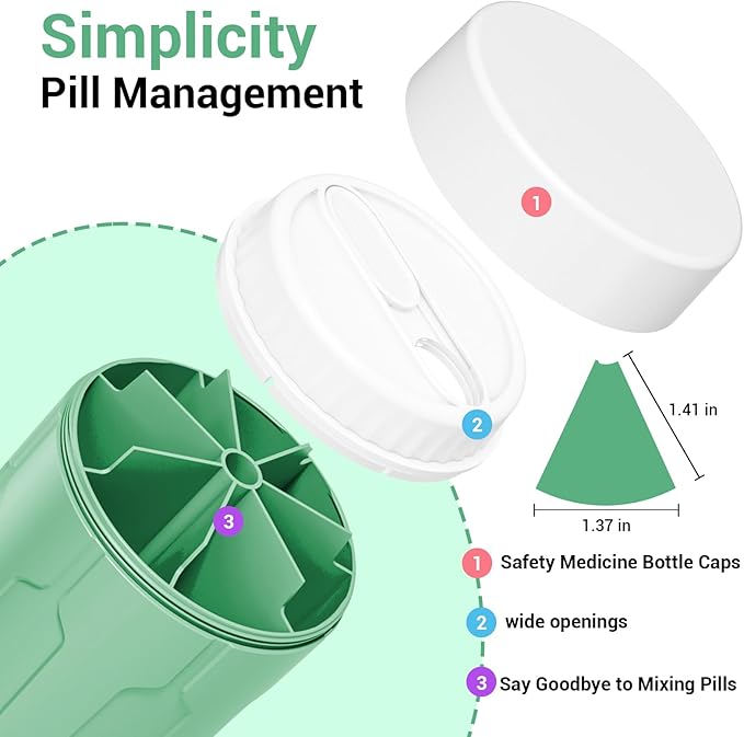 Betife Extra Large Supplement Organizer,Weekly Pill Organizer Bottle, Daily Pill Dispenser with 7 Large Compartments, Organizer to Hold 7 Day Vitamin Medication,21 Labels and a Cleaning Brush（Green）
