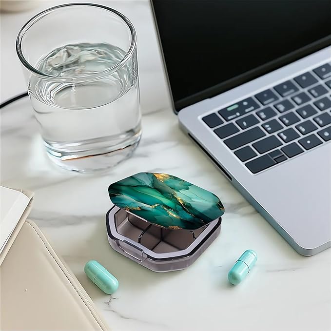 This Portable Teal Gold Marble Pattern 4-Compartment Pillbox Can Be Placed in A Pocket Or Wallet to Store Vitamins, Medicines Fish Oil Health Supplements Other Medications.