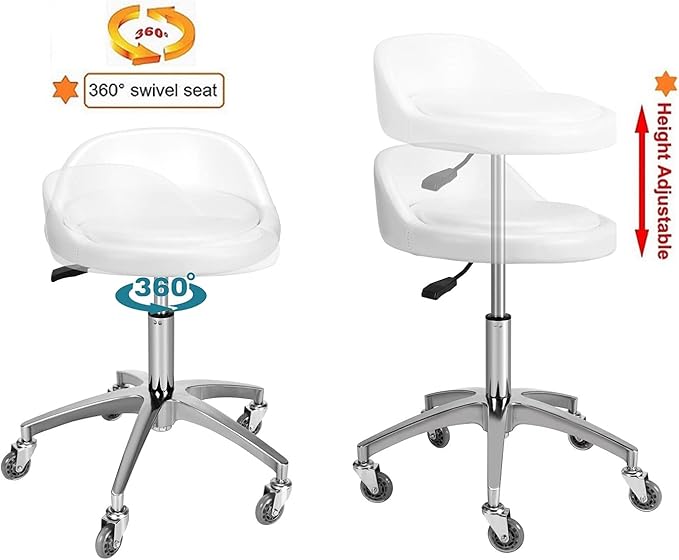 Rolling Salon Stool Chair with Back Support - Height Adjustable Hydraulic Stool with Wheels - Heavy Duty Swivel Stools 400lb Capacity for Home Salon Facial Spa Massage Clinic and Work Bench (White)