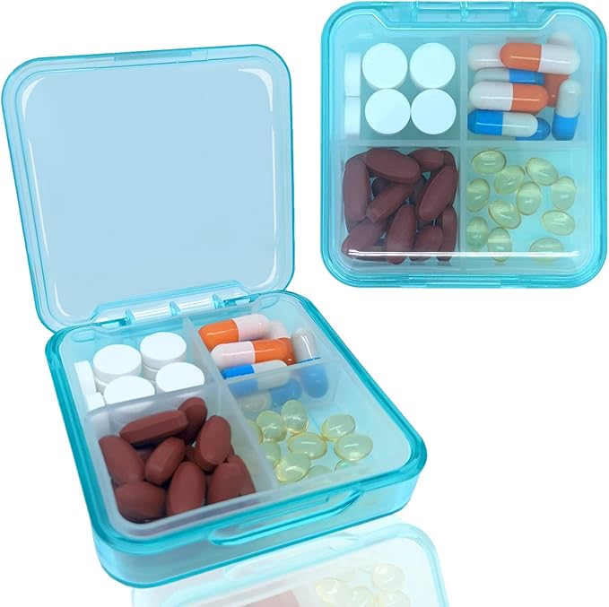 Pill Case for Pocket Travel Pill Organizer Small Pill Box Portable 4 Compartments Removable Medicine Organizer for Vitamin Fish Oil (Sky Blue)
