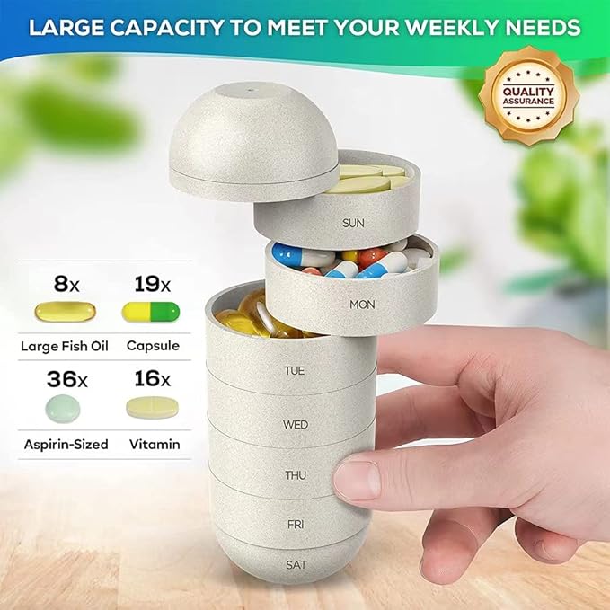 Portable Pill Organizer Box, Cereal Fiber Weekly Pill Box Large Compartment Water and Moisture Resistant Travel Hiking Pill Box 7 Days Pill Capsule Box, Vitamins, Fish Oil, Supplements