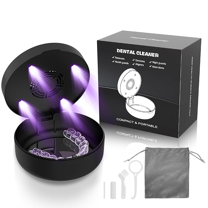 Voraiya UV Retainer Case with Fan, UVC Retainer Cleaner, Aligner Case Includes Vent Holes and Mirror, Portable Retainer Holder Box for Mouth Guard, Aligners, Night Guard, Black