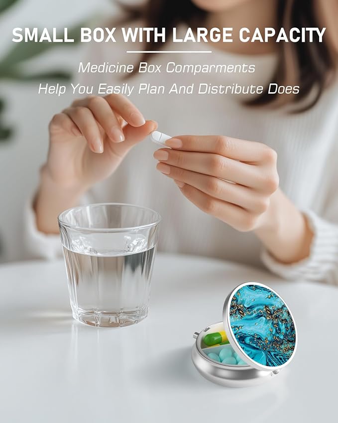 Pill Box, 3 Compartment Portable Travel Medicine Box with Mirror, Compact and Cute, Fits in Purse and Pocket, Medicine and Vitamin Organizer (Blue Gold Marble)