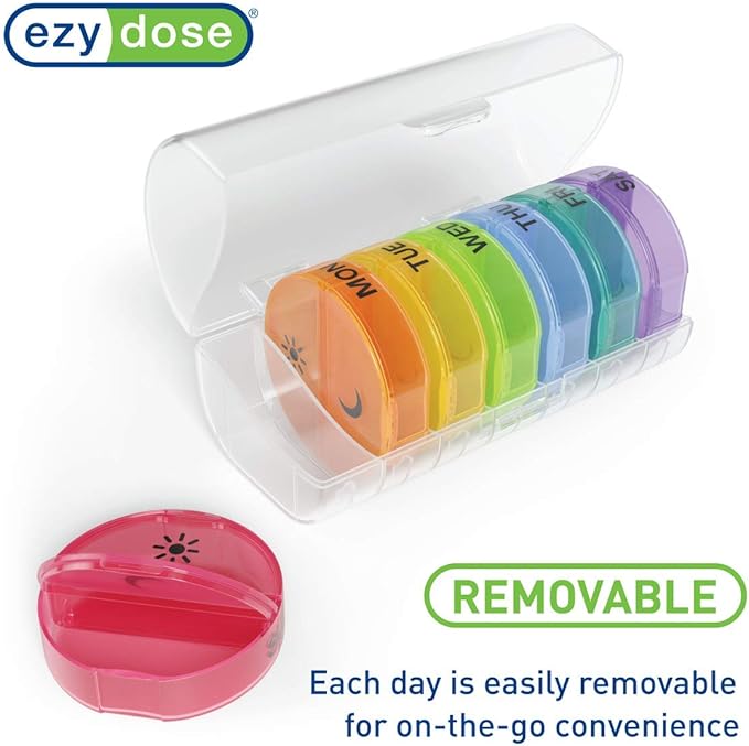 Ezy Dose Weekly (7-Day) Daily Pill Case, Medicine Planner, Vitamin Organizer Container, Travel Friendly, Easy to Use, X-Large Removable Individual Compartments, 2 Times a Day, Rainbow Lids, BPA Free
