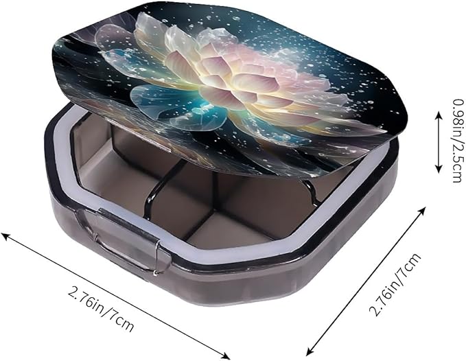 This Portable Crystal Lotus Flower Pattern 4 Compartment Pill Box Can Be Placed in A Pocket Or Wallet to Store Vitamins, Medicines Health Supplements Other Medications.