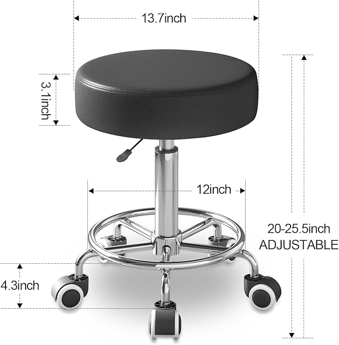 Rolling Stool, Heavy Weight Capacity 250lb, PU Leather Rolling stools, Ultra Soft Padded Seat, Rolling Stools with Wheels and Footrest, 360° Swivel, Spa Drawing Salon Work Office Tattoo Stool (black)