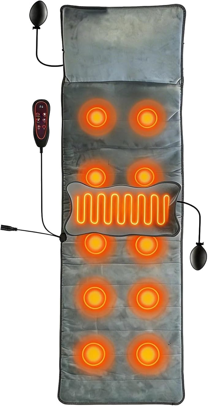 Full Body Massage Mat Electric Pad Cushion Heat Vibration Massage Pad with 10 Vibration Motors 3 Timers Inflatable Head Pillow Relax for Back Head Lumbar