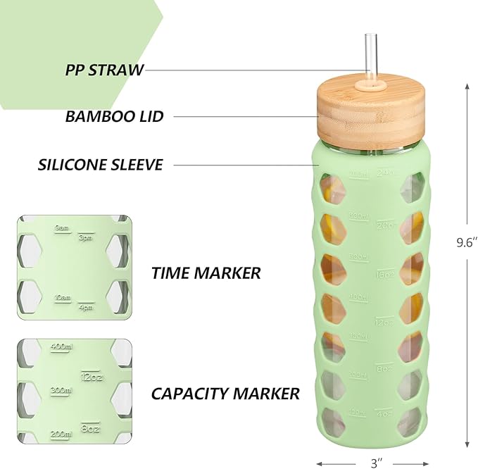 MUKOKO Glass Water Bottles,24oz Glass Tumbler with Straw,Drinking Bottles with 2 Lids-Handle Spout Lid&Bamboo Straw Lid,Motivational Water Bottle with Time Marker and Silicone Sleeve,1 Pack-Mustard