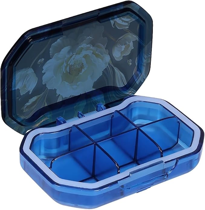 This Portable 3D White Peony Pattern 6 Compartment Pill Box Can Be Placed in A Pocket Or Wallet to Store Vitamins, Medicines Health Supplements Other Medications.