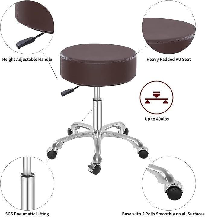 Thick Padding Swivel Rolling Stool,Adjustable Hydraulic Chair with Wheels for Medical Spa,Massage Salon,Home,Office,Clinic,Esthetician Artist Studio,Tattoo,Kitchen(Brown)