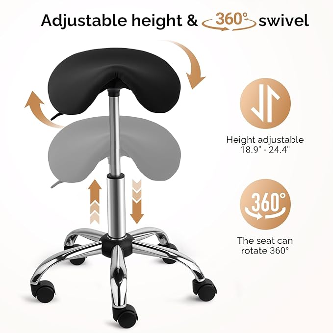 OmySalon Saddle Stool Rolling Chair, Ergonomic Saddle Chair with Swivel Wheels, Adjustable Hydraulic Stylist Cutting Stool for Salon Tattoo Massage Office Medical, Black