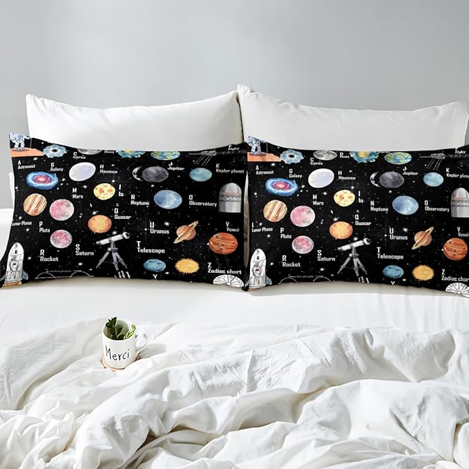 Solar System Bedding Set Twin Size for Boys Girls, ABC Alphabet Bed Sheet Set Solar System Alphabet Fitted Sheet Educational Bed Cover with 1 Pillow Case (No Flat Sheet)