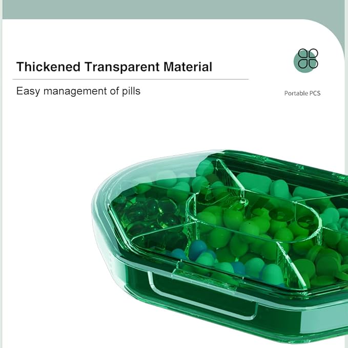Pill Box, 6 Compartments Portable Pill Case, Moisture-Proof Pill Organizer, Medication Supplements Pill Case (Green)