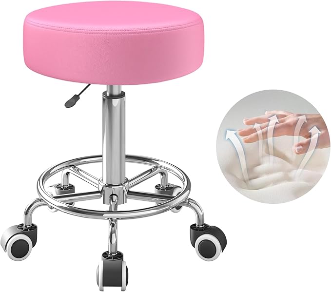 Rolling Stool, Heavy Weight Capacity 250lb, PU Leather Rolling stools, Ultra Soft Padded Seat, Rolling Stools with Wheels and Footrest, 360° Swivel, Spa Drawing Salon Work Office Tattoo Stool (pink)