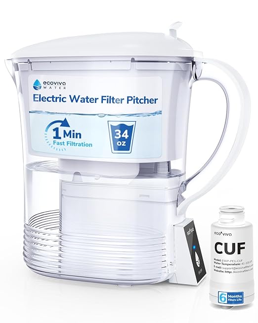 Electric Water Filter Pitcher for Tap and Drinking Water,1-Min Fast Filtration, Removes 99.99% of Lead, Chlorine, with 5-Stage Advanced, 6-Month Long-Life Filter,34oz, EWP-PE1