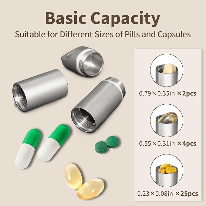 Stainless Steel Pill Box Keychain, Waterproof Compact Pill Organizer for Emergency Pills & Vitamins, Portable Keyring Necklace Holder, Travel Hiking Essentials, 2 Compartments