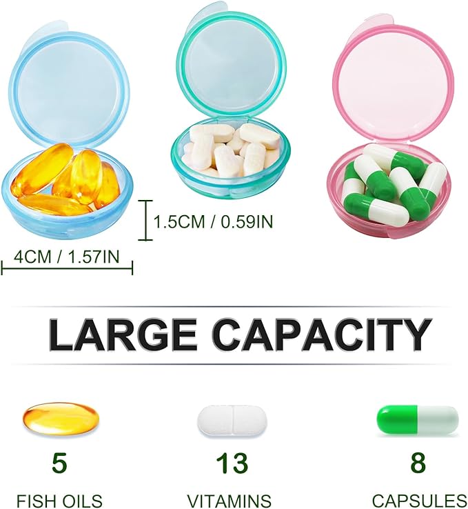 Small Pill Box (6 Pack), Daily Mini Pill Organizer Portable for Purse Pocket,Travel Pill Case Medicine Storage Container Earplug Case (Blue & Pink & Green 6 PCS)