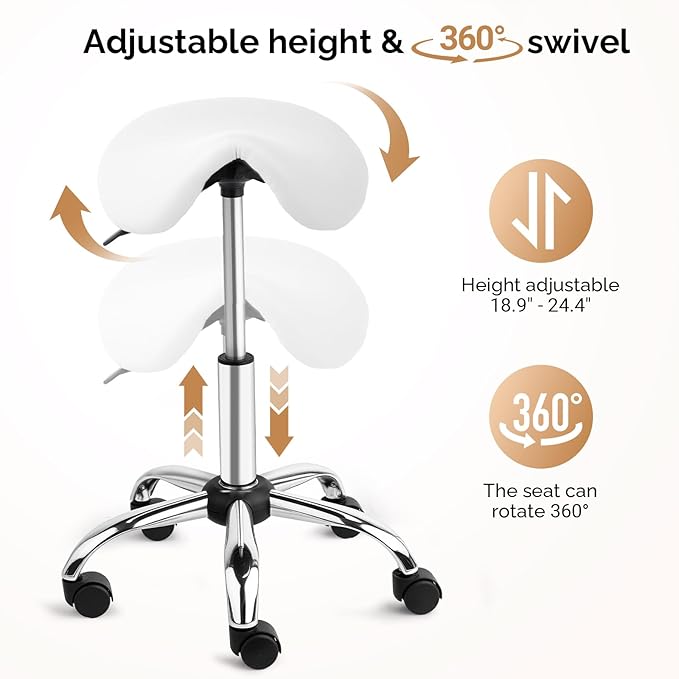 OmySalon Saddle Stool Rolling Chair, Ergonomic Saddle Chair with Swivel Wheels, Adjustable Hydraulic Stylist Cutting Stool for Salon Tattoo Massage Office Medical, White