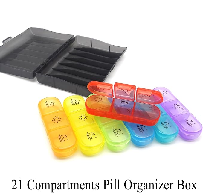 7-Day Travel Pill Organizer, 3 Times a Day, AM PM Pill Box 21 Tray with One-Side Large Opening for Easy Filling, Portable Travel Medicine Case for Medication, Vitamin, Fish Oil, Supplements