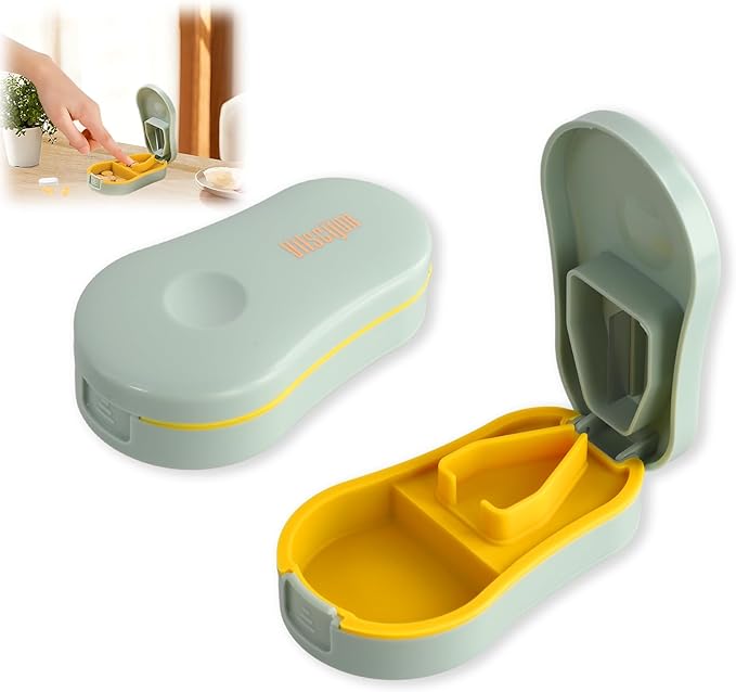 Pill Cutter Splitter for Small and Tiny Pills Green Pill Splitter for Small Pills Easy to Open with Safety Blade Guard, Suitable for Travel, Business Trip(1.96 * 3.54 * 1.02in)