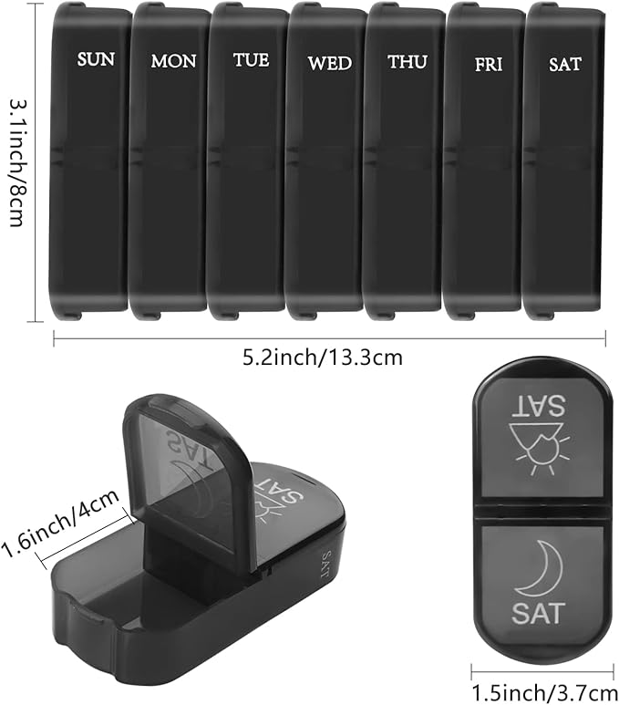 Weekly PU Leather Pill Bag Organizer Case 2 Times a Day, AM PM Daily Pill Box to Hold Vitamin, Fish Oil, Supplements and Medicine (Black)