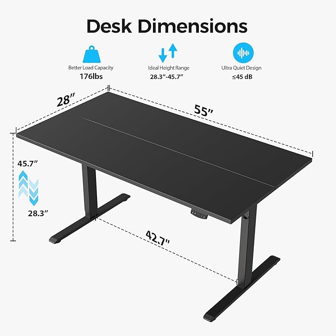 Agilestic Electric Standing Desk, 55 x 28 Inches Height Adjustable Desk, Sit Stand up for Work Office Home, Ergonomic Rising Computer Table with Memory Preset, Black