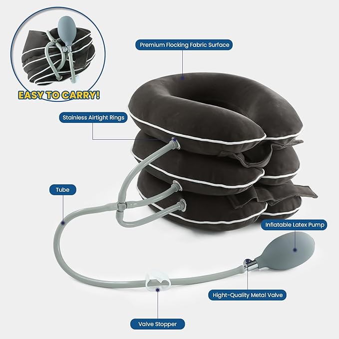 Cervical Neck Traction Device for Home Use Pain Relief,Neck Stretcher,Inflatable Support Neck Brace Adjustable,Neck Stress Relief&Relaxation Metal Valve TPU Liner with Air-Tightness(Dark Gray)