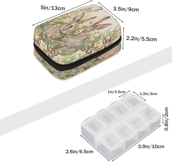 Watercolor Rabbit Spring Pill Case Travel Pill Organizer Weekly 7 Day Portable with Zipper Medicine Box Pill Case for Vitamins, Birth Control,Fish Oils,Medication, Supplements